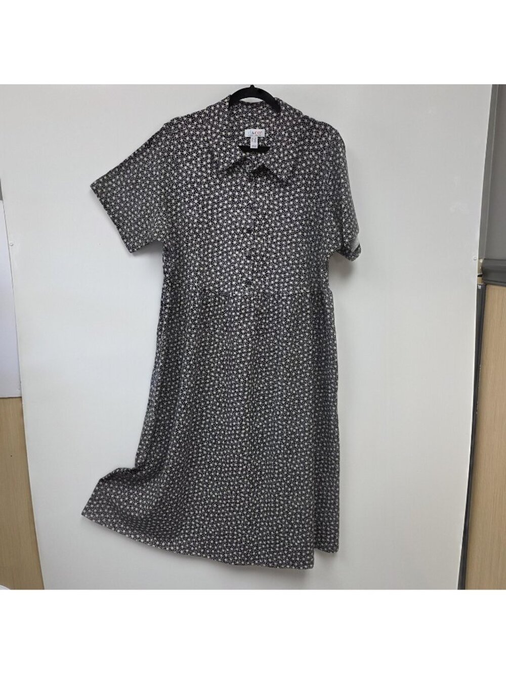 Denim & Co Shirt Dress Womens 1X Petite Black Floral Button Front Midi Pockets